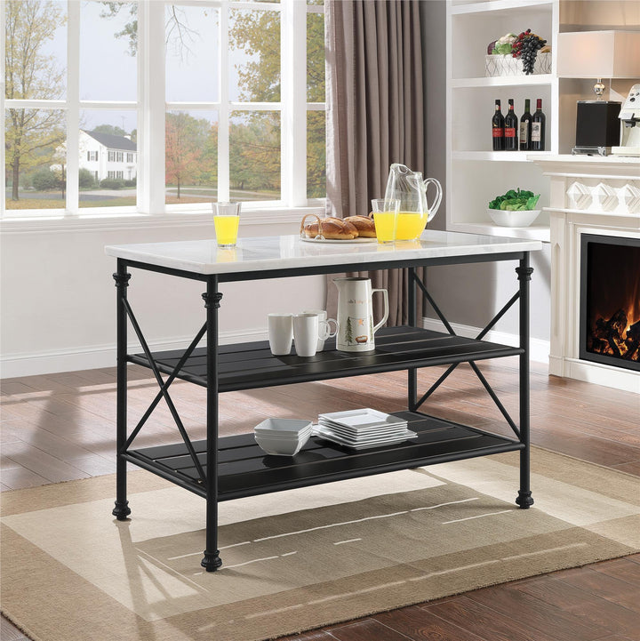 Kitchen Island with 2 Tiered Metal Shelf - White marble
