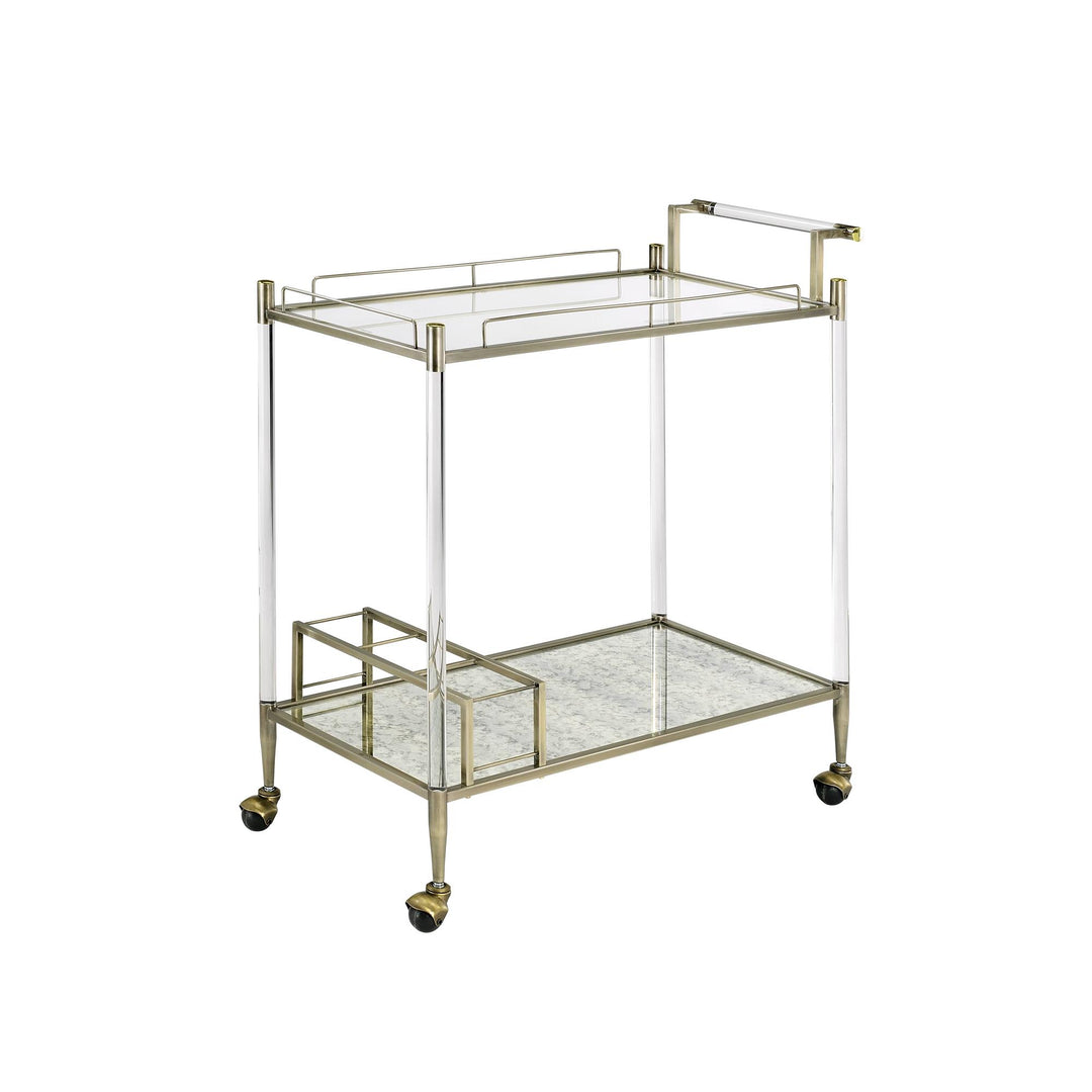 Tempered glass top Serving Cart with 2-Tiered Shelf and Wine Bottle Holder - Brass