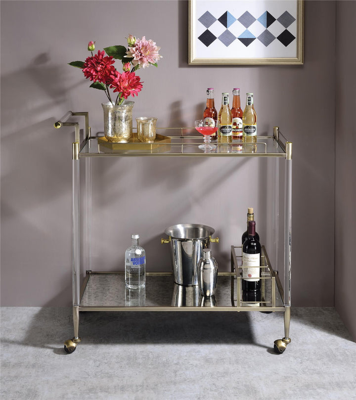 Rectangular Serving Cart with 2-tiered Shelf and Wine Bottle Holder - Brass