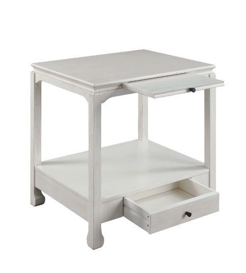 Antique Accent Table with a Pull-Out Tray and storage drawer - Antique White