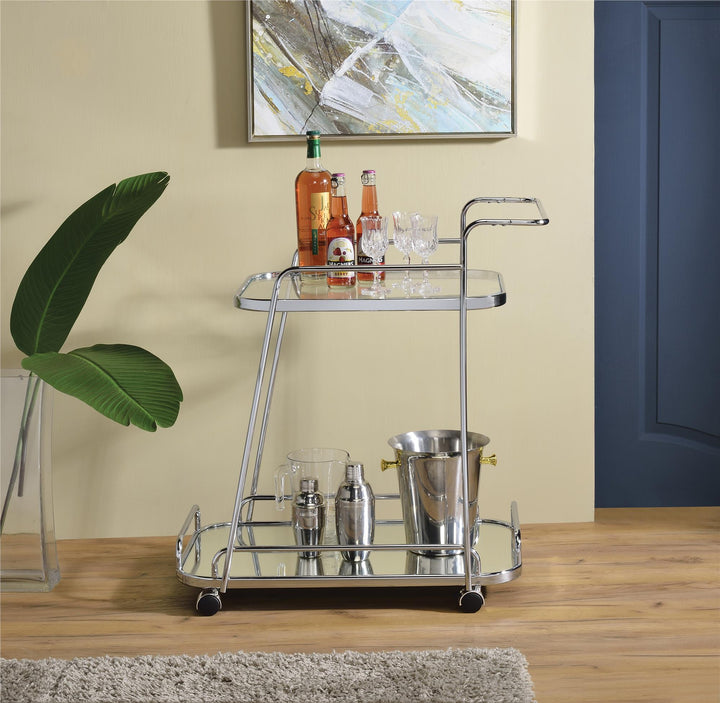 Serving Cart with 2-Tiered Shelf and wheel stop included - Chrome