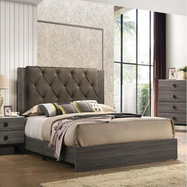 Bed with Tufted Upholstered Headboard - Rustic Gray Oak