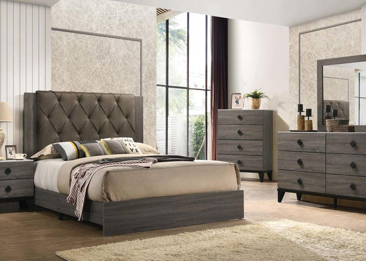 Bed with Tutton Tufted Fabric Headboard - Rustic Gray Oak