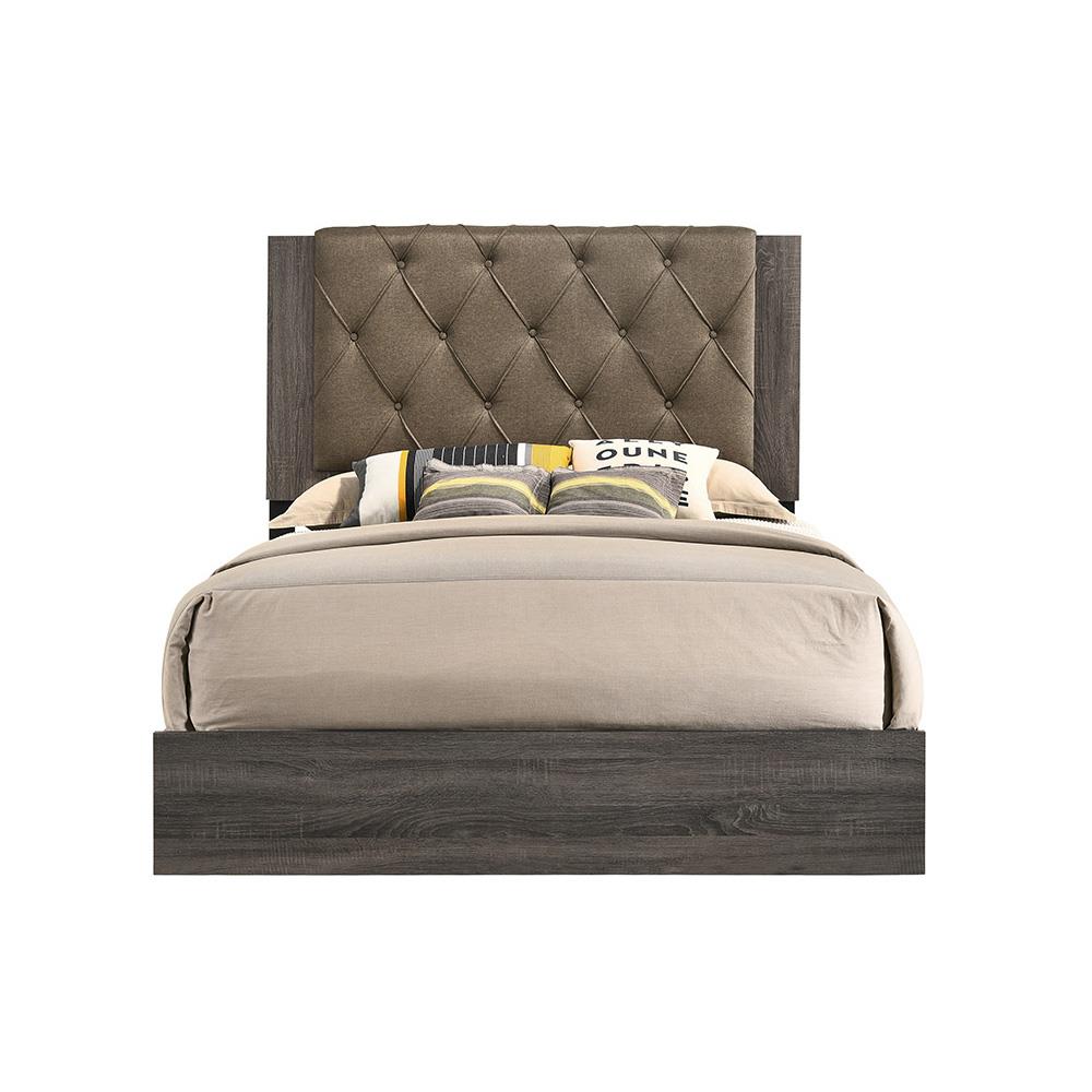 Wooden frame Bed with Tufted Upholstered Headboard - Rustic Gray Oak