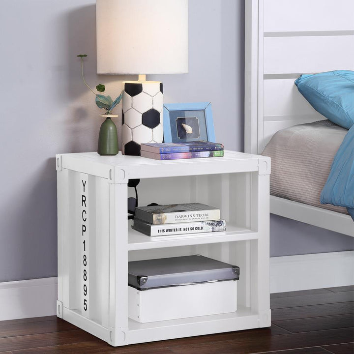 Modern Metal Nightstand with USB Port - White