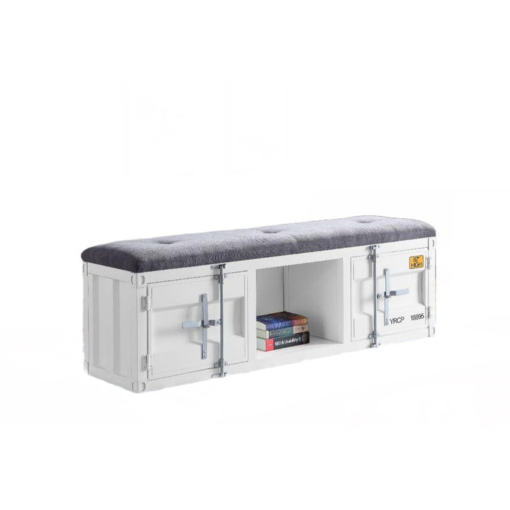 Cargo Metal Bench with Padded Seat and Storage - White