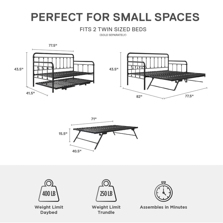 Locky Metal Daybed with Pop Up Trundle Bed - Black - Twin-Over-Twin