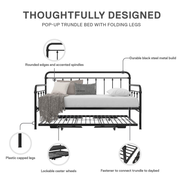 Locky Metal Daybed with Pop Up Trundle Bed - Black - Twin-Over-Twin