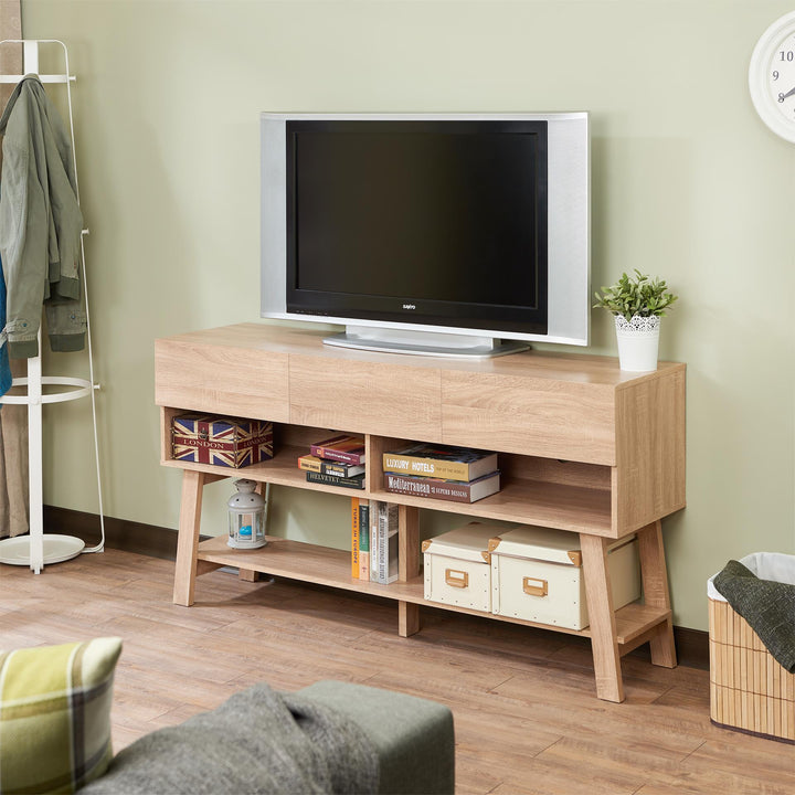 Tv Stand with 3 Drawers, 2 open Compartments and Bottom Shelf - Rustic Natural