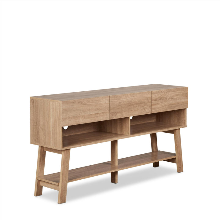 Stylish Tv Stand with 3 Drawers, 2 Media Compartments and Bottom Shelf - Rustic Natural