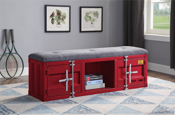 Cargo Metal Bench with Padded Seat and Storage - Red