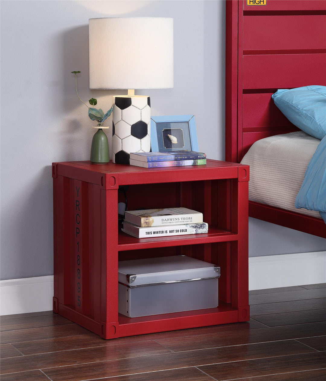 Modern Metal Nightstand with USB Port - Red