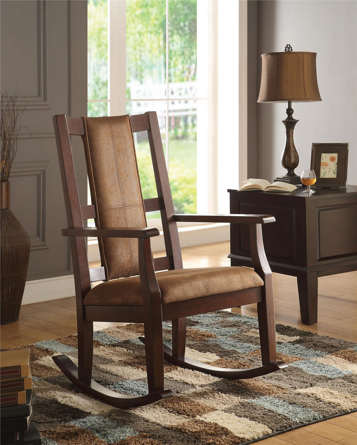Wooden Rocking Chair with Padded Seat and Tall Back - Brown