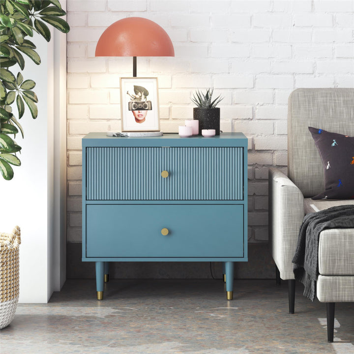 Elizabeth 2 Drawer Textured Nightstand with Gold Knobs - Smoke Blue