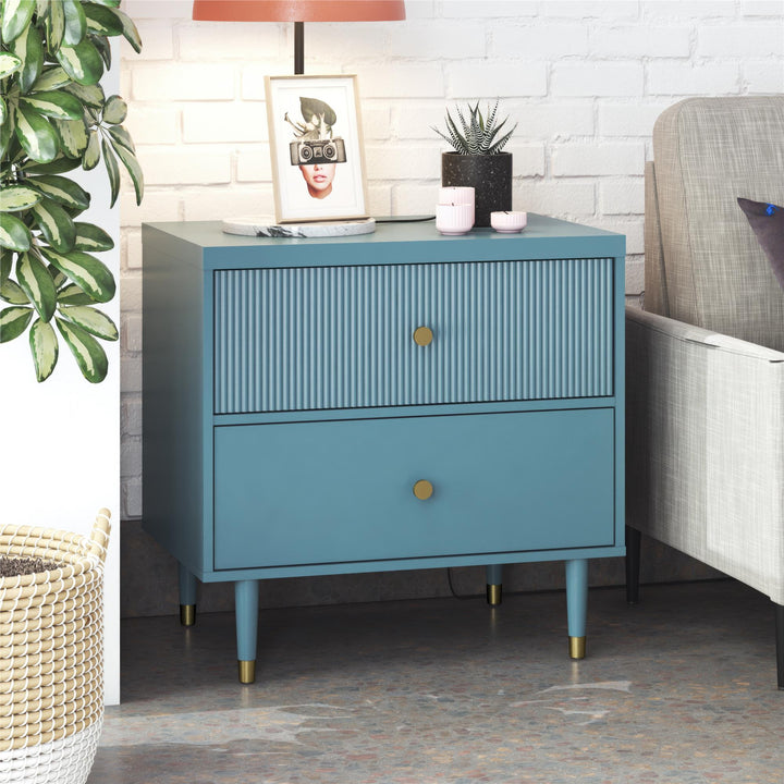 Elizabeth 2 Drawer Textured Nightstand with Gold Knobs - Smoke Blue
