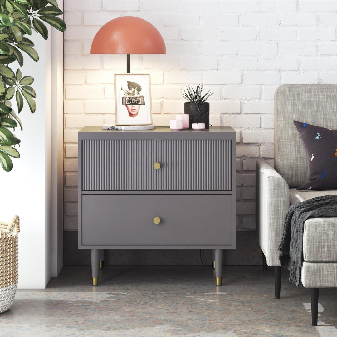 Elizabeth 2 Drawer Textured Nightstand with Gold Knobs - Graphite Grey