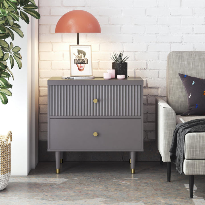 Elizabeth 2 Drawer Textured Nightstand with Gold Knobs - Graphite Grey