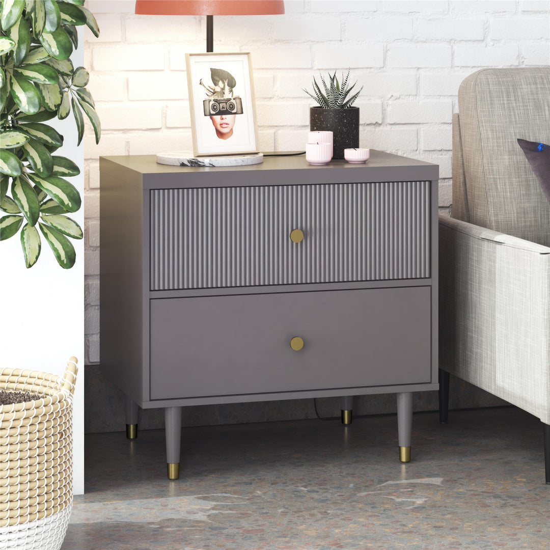 Elizabeth 2 Drawer Textured Nightstand with Gold Knobs - Graphite Grey
