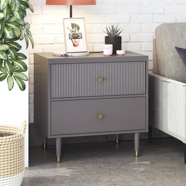 Elizabeth 2 Drawer Textured Nightstand with Gold Knobs - Graphite Grey
