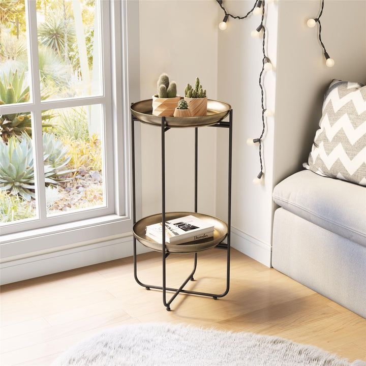 2-tier shelves round accent table - Bronze