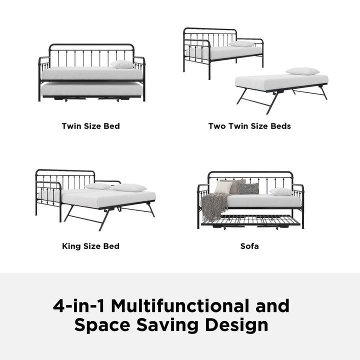 Locky Metal Daybed with Pop Up Trundle Bed - Black - Twin-Over-Twin