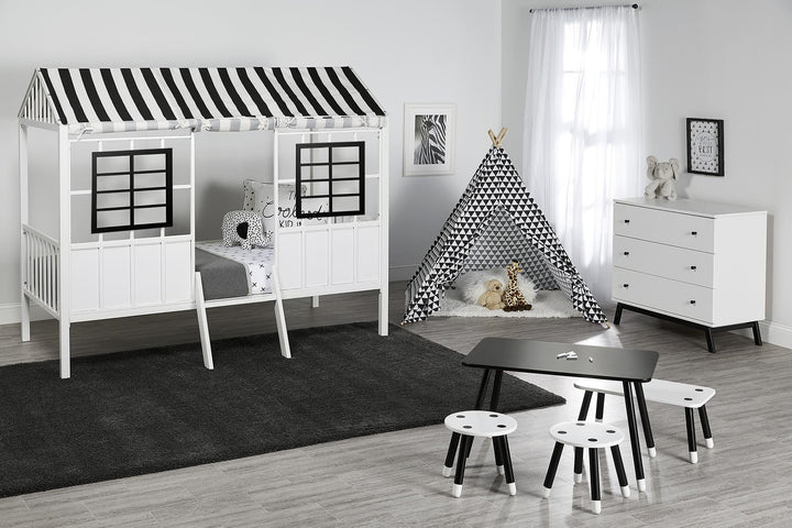 Rowan Valley Forest Metal Loft Bed with a Fixed Ladder and Fabric Curtains - White/Black - Twin