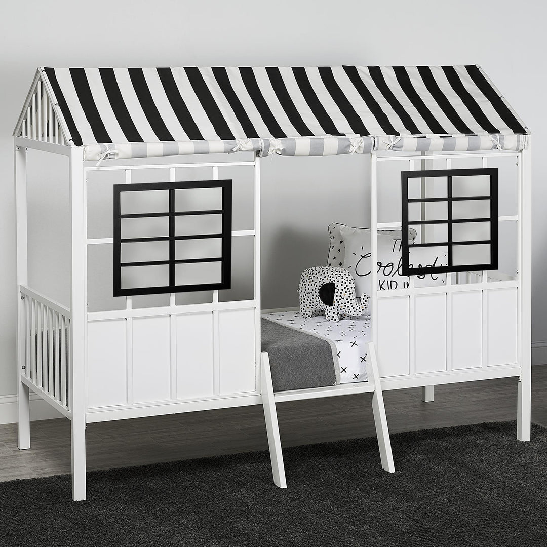 Rowan Valley Forest Metal Loft Bed with a Fixed Ladder and Fabric Curtains - White/Black - Twin