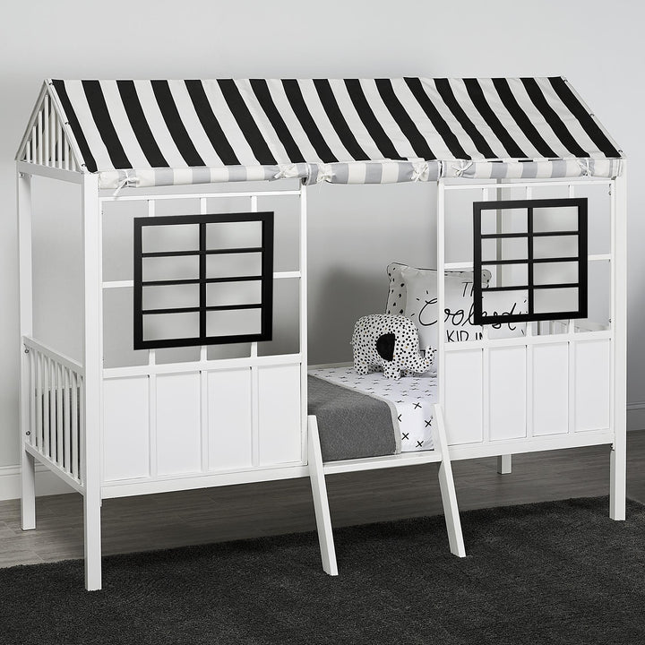 Rowan Valley Forest Metal Loft Bed with a Fixed Ladder and Fabric Curtains - White/Black - Twin