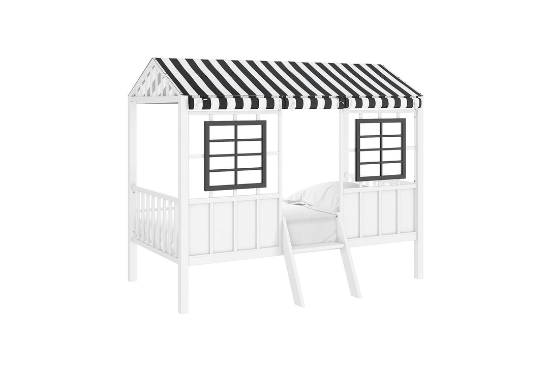 Rowan Valley Forest Metal Loft Bed with a Fixed Ladder and Fabric Curtains - White/Black - Twin
