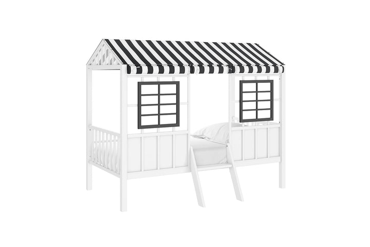 Rowan Valley Forest Metal Loft Bed with a Fixed Ladder and Fabric Curtains - White/Black - Twin