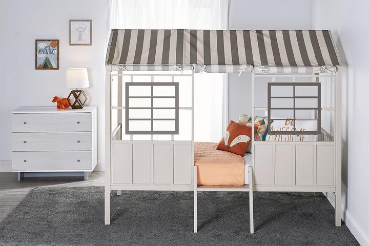Rowan Valley Forest Metal Loft Bed with a Fixed Ladder and Fabric Curtains - Gray - Twin