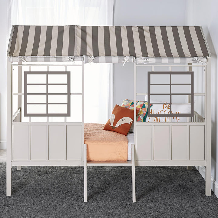 Rowan Valley Forest Metal Loft Bed with a Fixed Ladder and Fabric Curtains - Gray - Twin