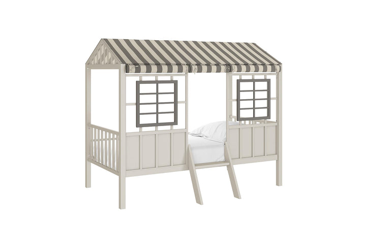 Rowan Valley Forest Metal Loft Bed with a Fixed Ladder and Fabric Curtains - Gray - Twin