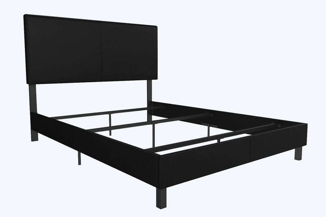 Janford Upholstered Bed with Sturdy Wood and Metal Frame - Black Faux Leather - Queen