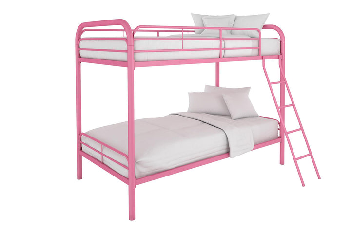 Twin over Twin Metal Bunk Bed with Slanted Front Ladder and Guardrails - Pink - Twin-Over-Twin
