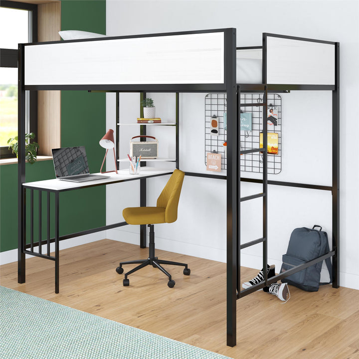 Axel Loft Bed with Desk & Shelves - White/Black - Full