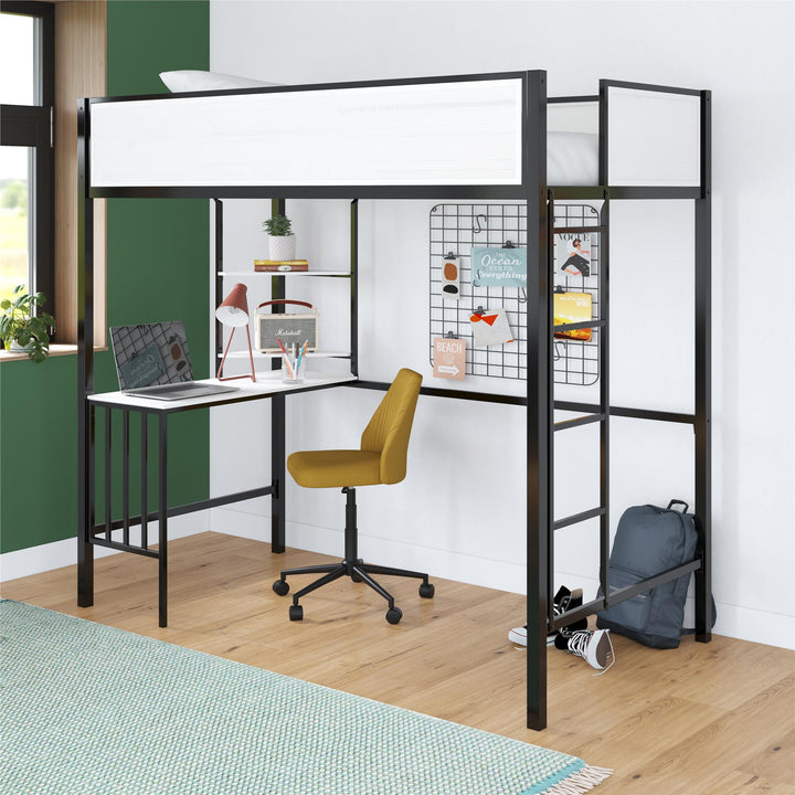 Axel Loft Bed with Desk & Shelves - White/Black - Twin