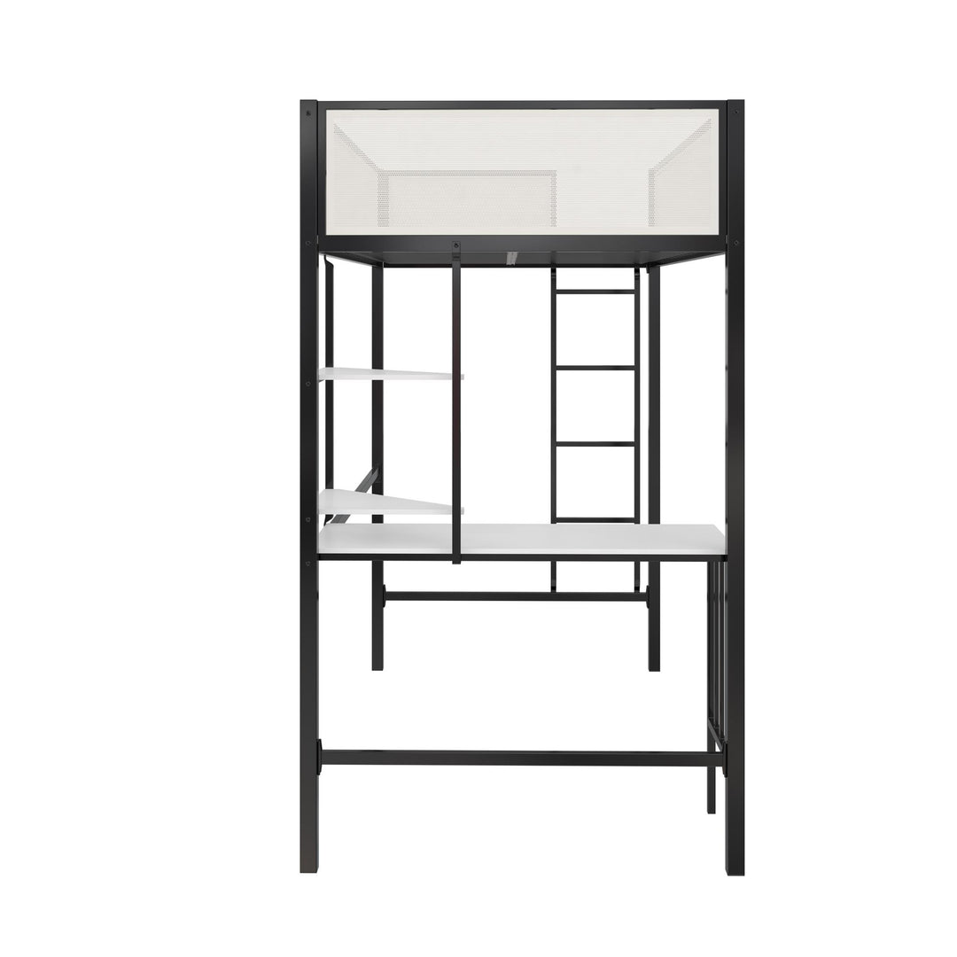 Axel Loft Bed with Desk & Shelves - White/Black - Twin