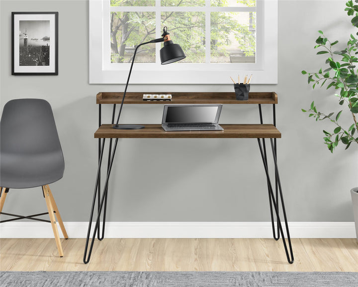 Haven Retro Computer Desk with Riser, Distressed Gray Oak - Florence Walnut