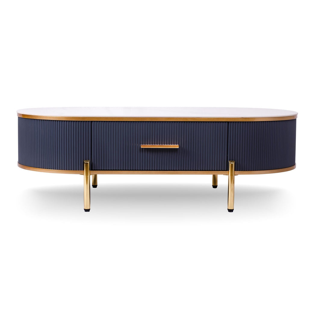 France Fluted Coffee Table with White Stone Top  -  White / Grey
