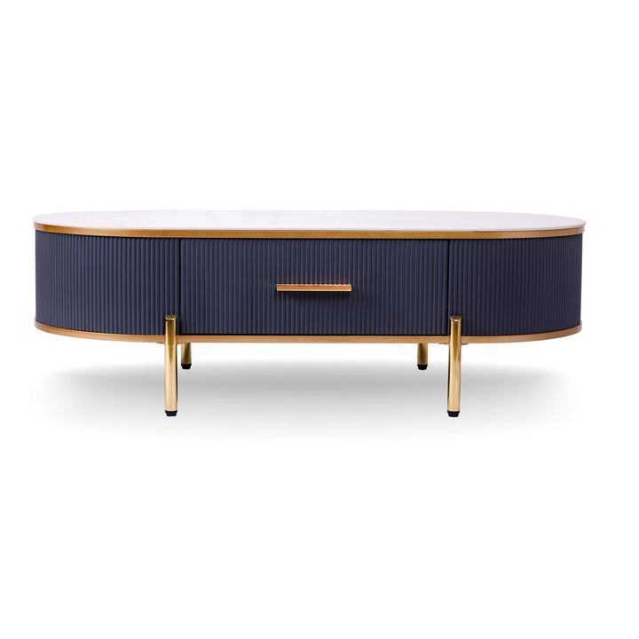 France Fluted Coffee Table with White Stone Top  -  White / Grey