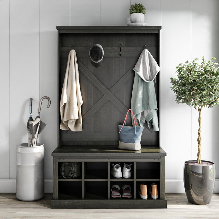 Knox County Entryway Bench Hall Tree with Coat Hooks and Shoe Storage - Black Oak