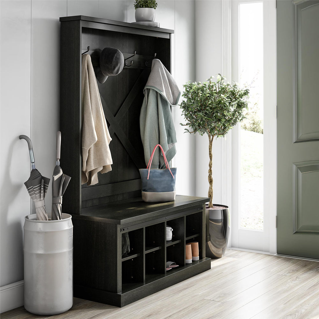 Knox County Entryway Bench Hall Tree with Coat Hooks and Shoe Storage - Black Oak