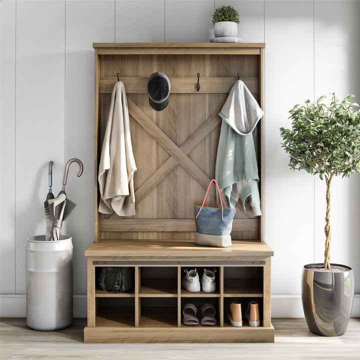 Knox County Entryway Bench Hall Tree with Coat Hooks and Shoe Storage - Rustic Oak