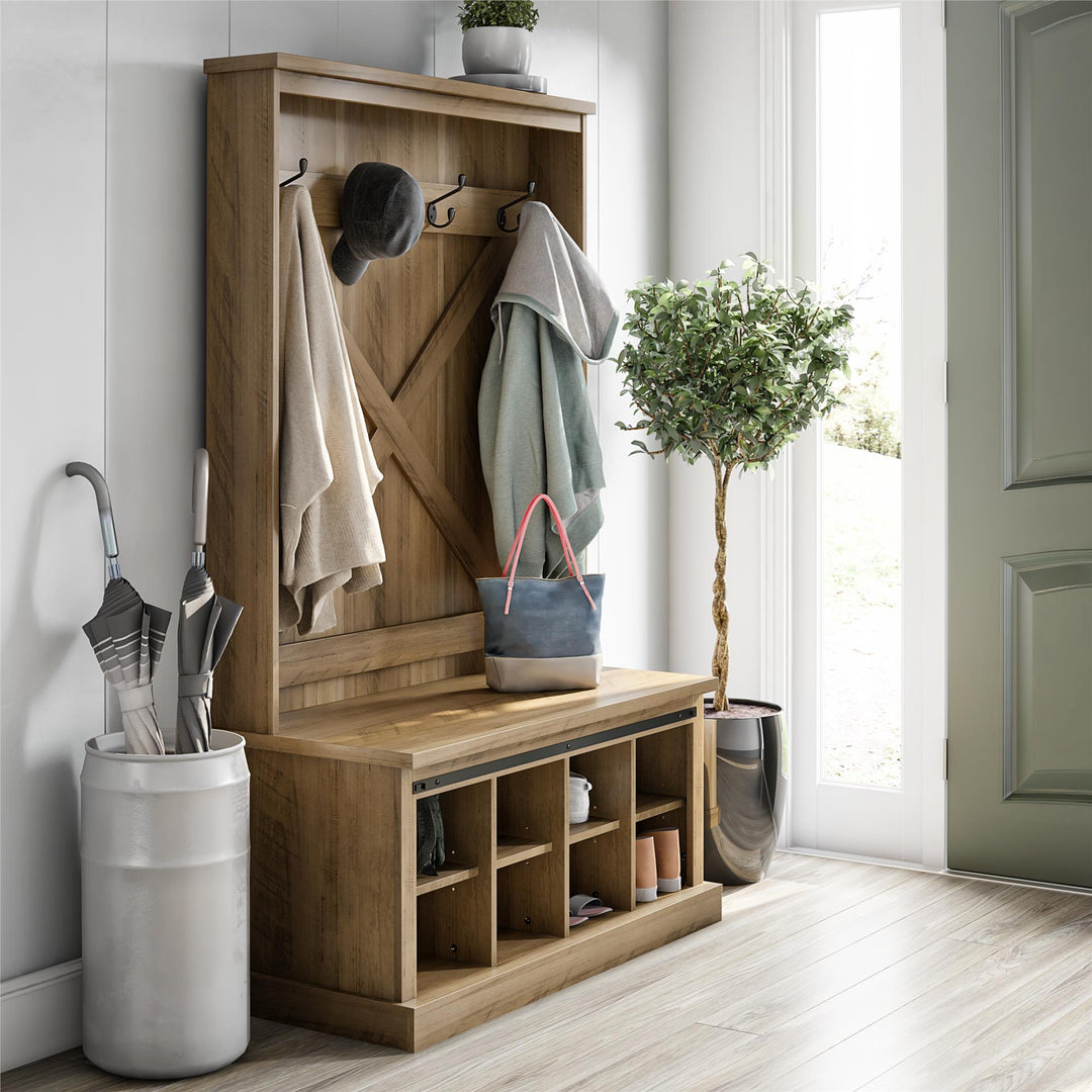 Knox County Entryway Bench Hall Tree with Coat Hooks and Shoe Storage - Rustic Oak