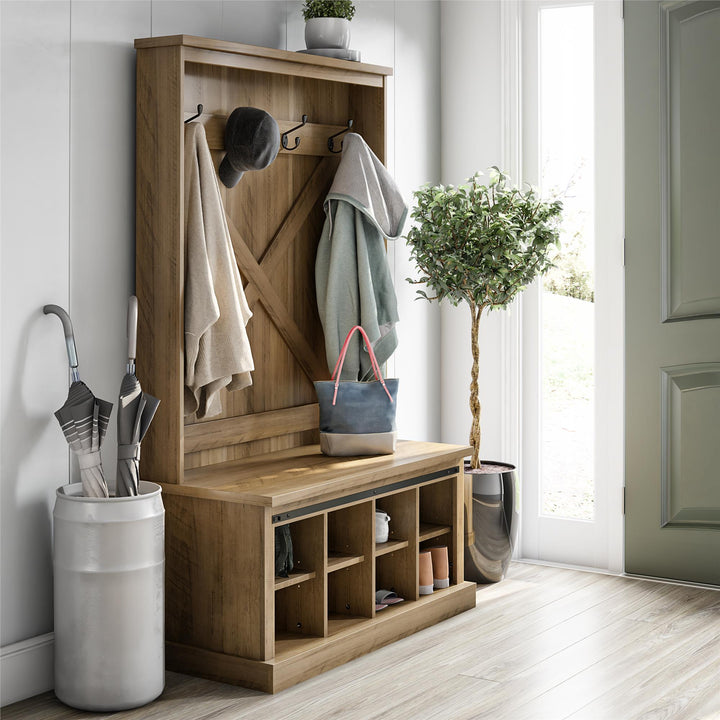 Knox County Entryway Bench Hall Tree with Coat Hooks and Shoe Storage - Rustic Oak