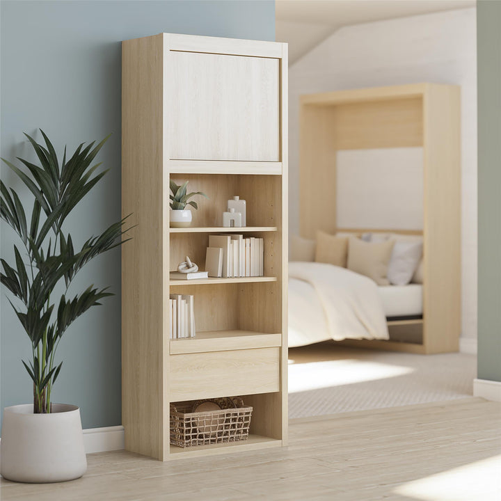 Paramount Single Bedside Bookcase with Pullout Nightstand and Storage - Monterey Oak