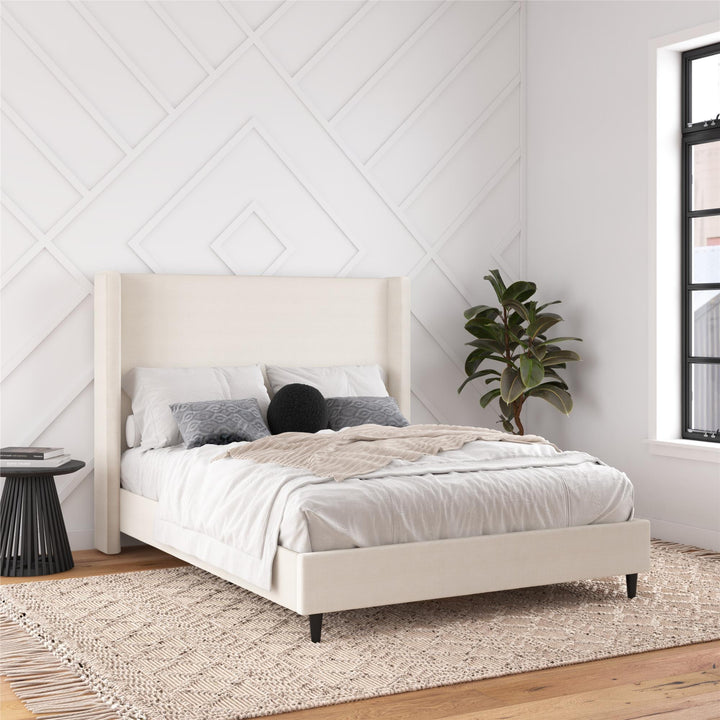 Eveline Upholstered Wingback Bed - Textured Ivory Canvas - Queen