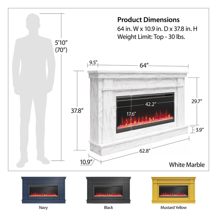 Waverly Wide Mantel with Linear Electric Fireplace & Crystal Ember Bed - White marble