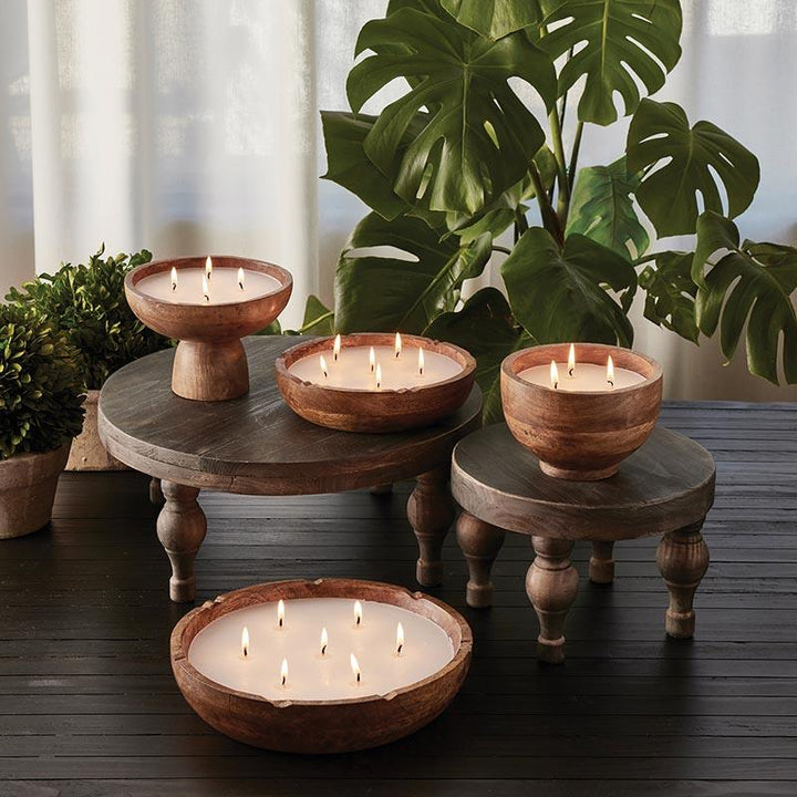 Wooden tray candle holder with round design -  Brown